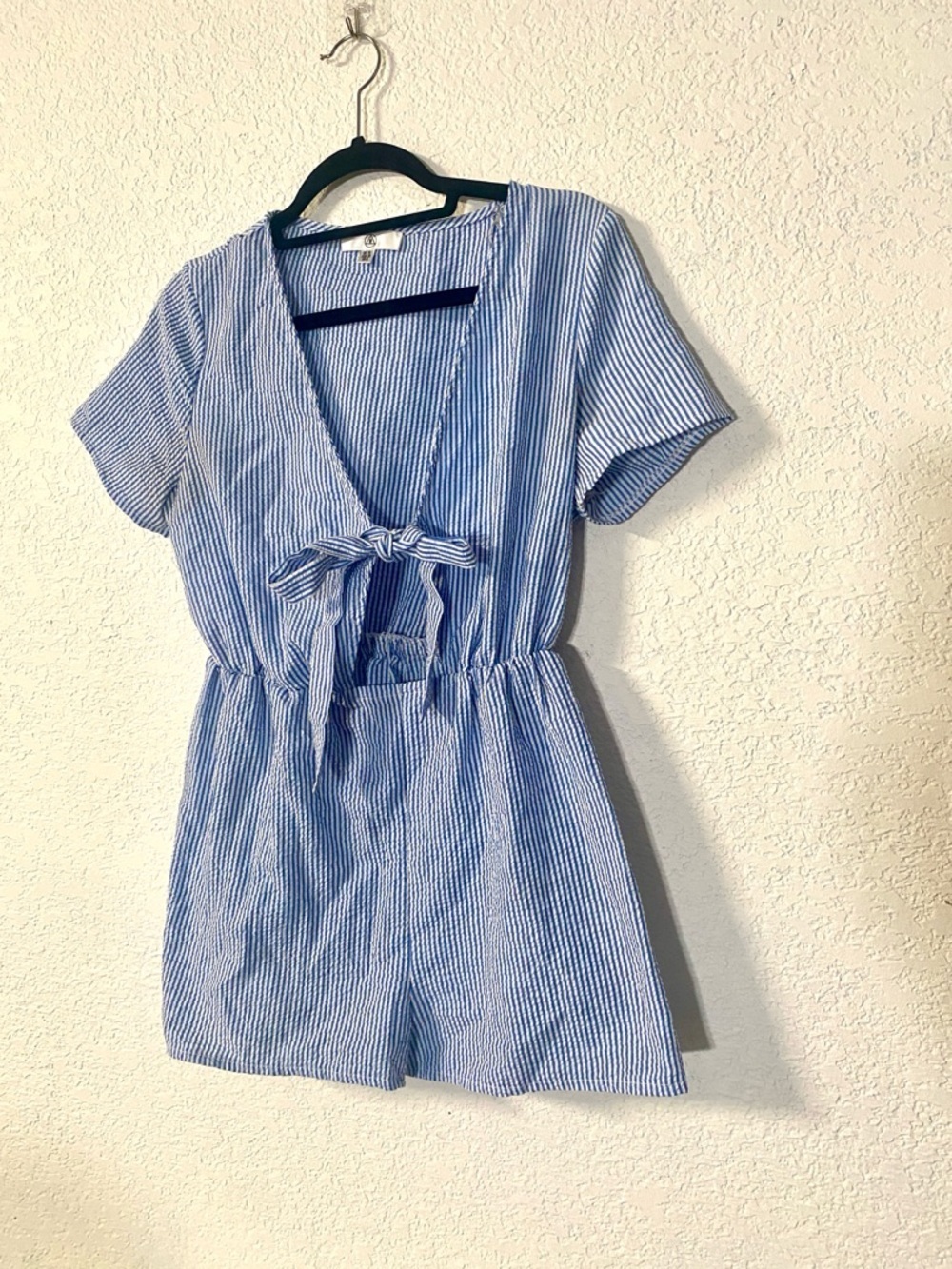 Missguided Blue & White Striped Short Sleeve Tie-Front Key hole Summer Romper